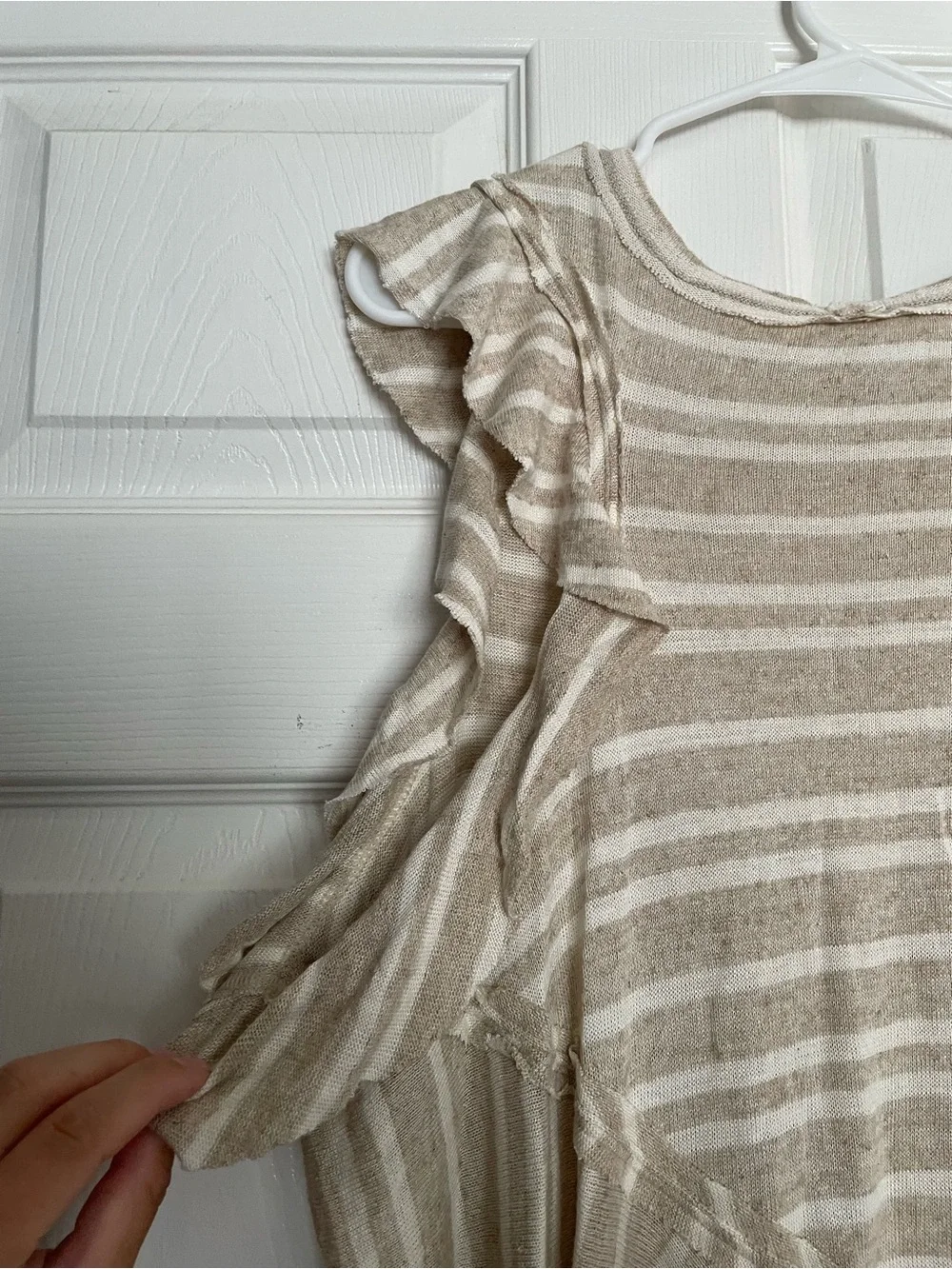 Free People size Small Linen Blend Striped Beige & White Ruffle Hem Mini Dress